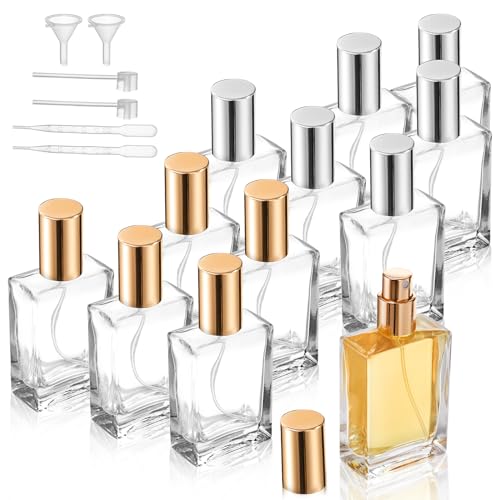 Foraineam 12 Pack 1 oz / 30ml Clear Glass Perfume Bottle, Refillable Empty Fine Mist Atomizer Spray Bottles, Portable Square Perfume Atomizer Bottles for Fragrance, Lotion, Essential Oil