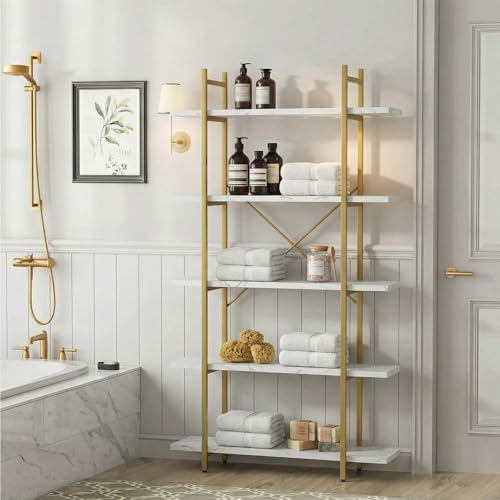 White Faux Marble 5-Tier Ladder Bookcase - Modern Open Storage Shelving Unit