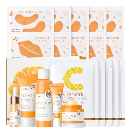 LAIKOU Vitamin C Skin Care, Skin Care Set, Face Mask, Eye Mask, Lip Mask with Serum, Cleanser, Toner, Eye Cream, Essence Cream for Women Teen Girls Mom Daughter Mother's Day Christmas Birthday