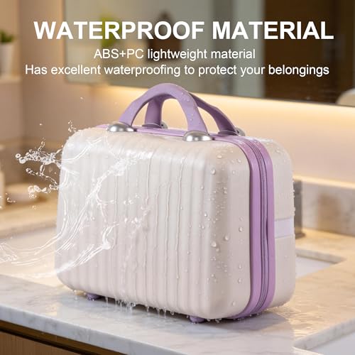 Beige & Purple 14-Inch ABS Hard Shell Makeup Train Case with Lock, Organizer