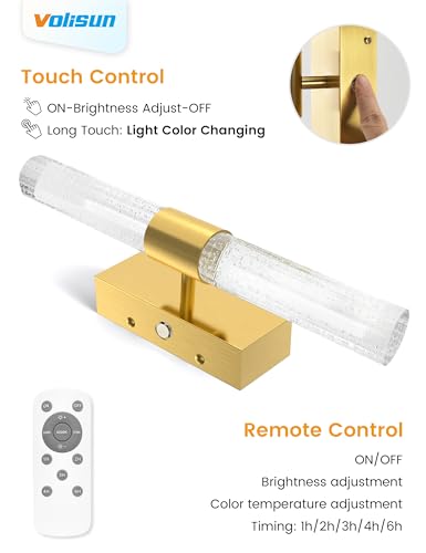 VOLISUN Gold Battery Operated Wall Sconces Set of 2 with Remote, Rechargeable Wireless Wall Lights for Living Room & Bedroom