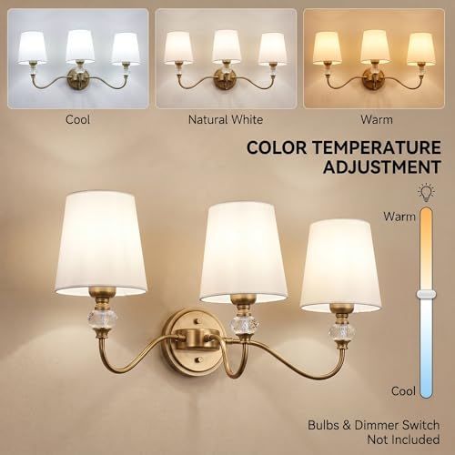 Brass 3-Light Vintage Bathroom Vanity Light Fixture with Fabric Shades - Over Mirror, Crystal Accent, Modern Wall Sconce, E26 Base