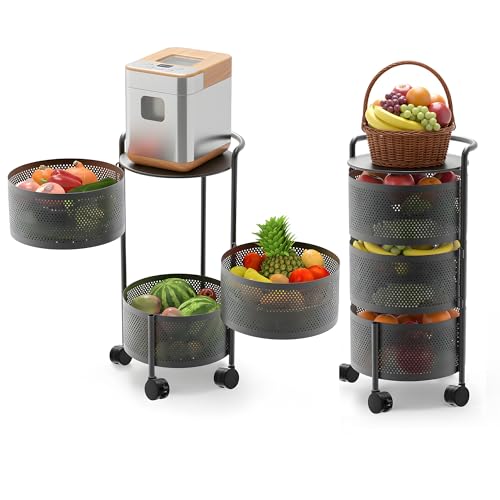 3-Tier Rotating Kitchen Storage Cart with Wheels - Space Saving Fruit & Vegetable Organizer, Black Variation