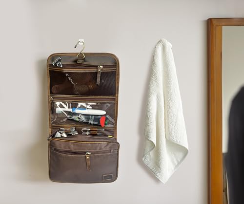 Brown Leather Hanging Toiletry Bag for Men Travel Dopp Kit Organizer