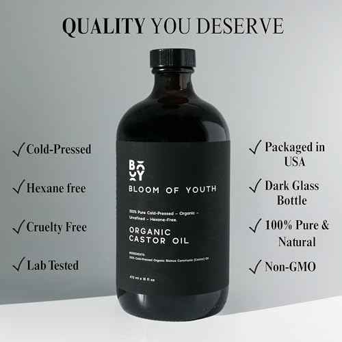 100% Pure Cold Pressed Organic Castor Oil, Glass Bottle 16oz | Hexane Free, Unrefined, USDA Certified | For Hair Growth, Skincare, Castor Oil Pack, Face, Joints, Carrier Oil, Eyelashes, Eyebrows