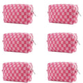 Pink Checkered Makeup Bags Set - 6 Pack Gift for Women, Bridesmaids & Teachers