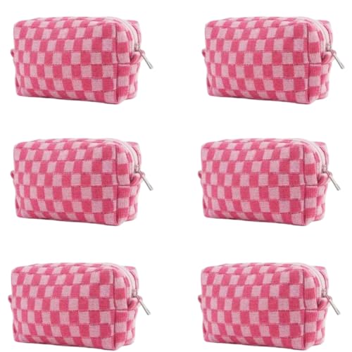 Pink Checkered Makeup Bags Set - 6 Pack Gift for Women, Bridesmaids & Teachers