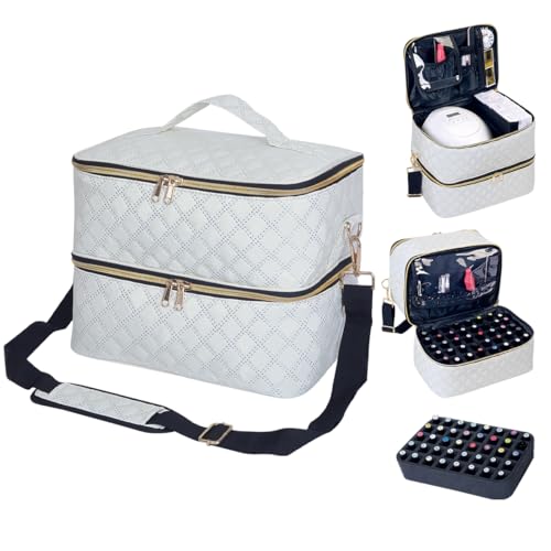 Nail Polish Organizer Case Holds 40 Bottles(15ml/0.5fl.oz) and Nail Lamp, Double Layer Nail Polish Storage with Adjustable Dividers,Portable Carrying Bag for Nail Kit, Manicure Tools Beige