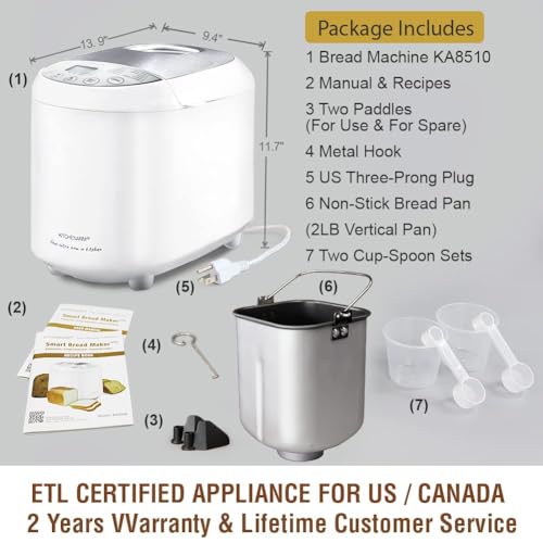 KITCHENARM 19-in-1 Bread Maker with 3 Loaf Sizes & Stainless Steel Lid, White