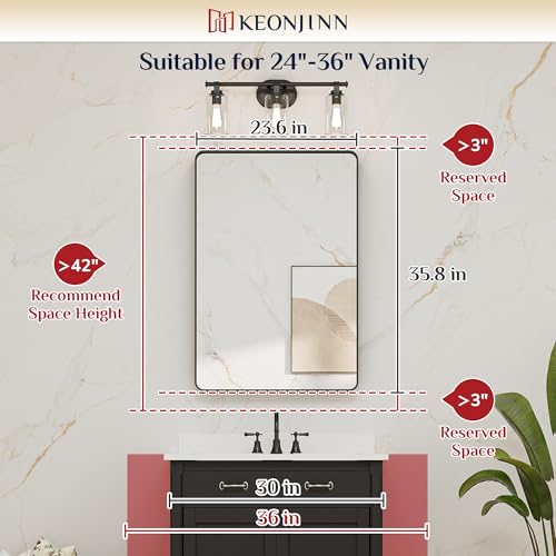 Keonjinn Brushed Nickel Bathroom Mirror 24 x 36 Inch Over Sink - Modern Rounded Frame
