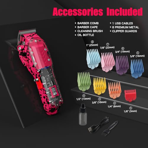 Pink Cordless Hair Clippers for Women with LED Display and 8 Fade Comb Set - Professional Grooming Kit