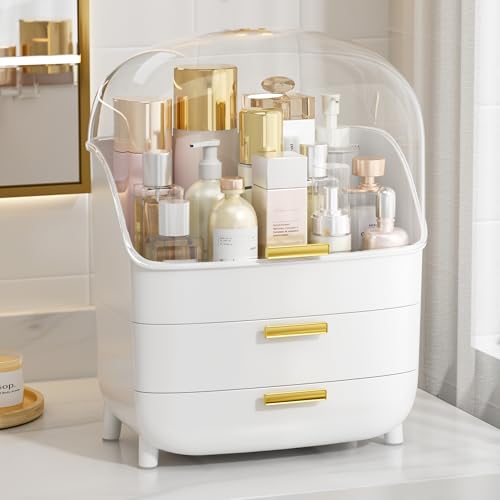 Vtopmart 3-Tier White Makeup & Skincare Organizer with Drawer & Dustproof Lid
