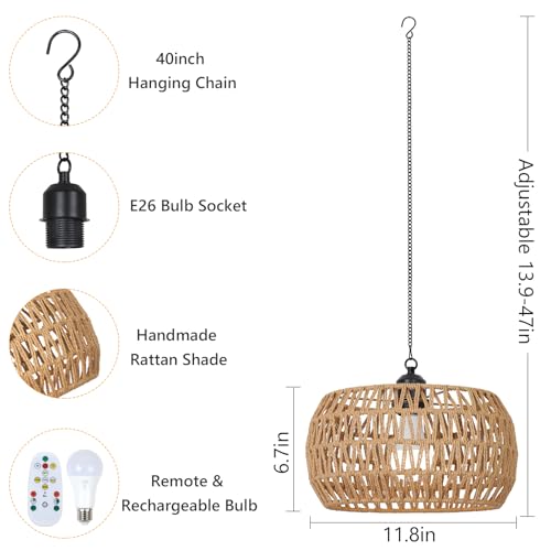 Battery Operated Rattan Pendant Light with Remote - 11.8” Boho Outdoor Chandelier for Porch & Indoor Use - Variation 1