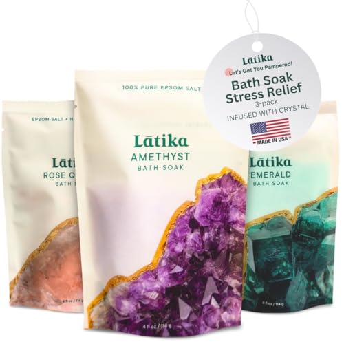 Latika Geode Bath Salts Set - 4 Ounce Pack of 3 with Essential Oils, Stress & Muscle Relief