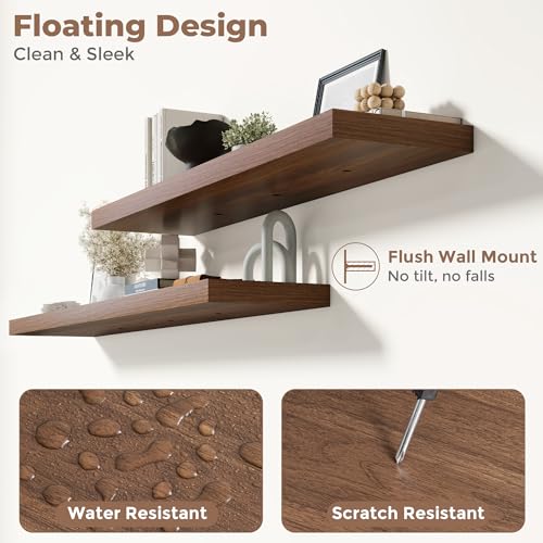 48 Inch Floating Wall Shelves with 9-Inch Depth, Walnut Finish, 2-Pack, 60 Lb Capacity, Wall Mountable