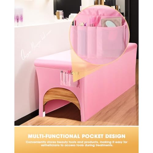 Onism Lash Bed Cover-Wipeable PU Leather Massage Bed Cover, Waterproof, Soft and Comfortable Spa Bed Cover with Storage Pocket for Eyelash Extension Bed Massage Bed Perfect for Salon Spa Home Use Pink