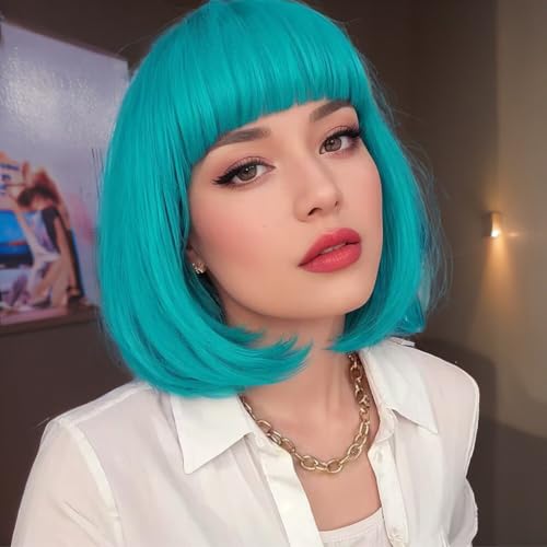 12 Inch Short Bob Wig with Bangs - Teal Blue & Bluish Green Heat-Resistant Synthetic Wig for Cosplay & Party