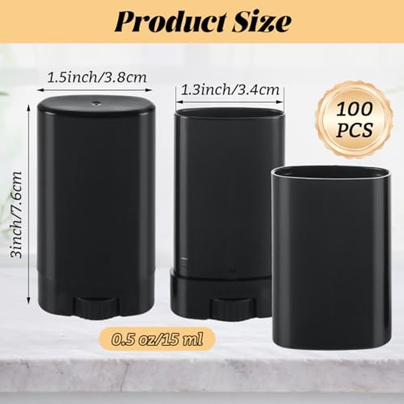 100 PCS 0.5 Oz/15 Ml Empty Deodorant Containers Black Oval Twist-Up Filling Stick 15 Ml Refillable Deodorant Tubes Empty Black Lotion Bar Sticks for Homemade Deodorant, DIY Lip Balm