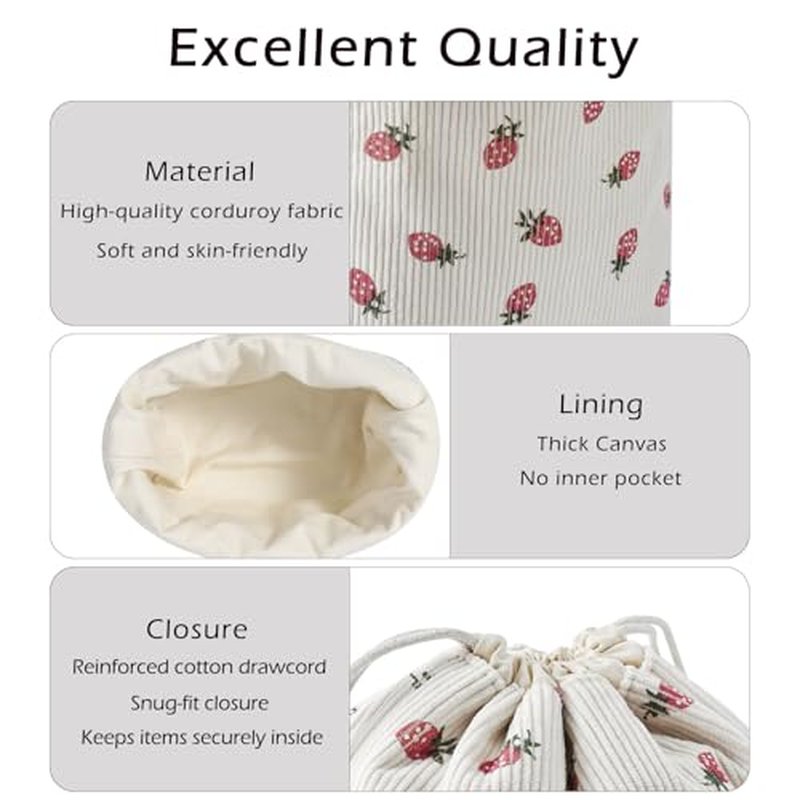 Cute Soft Corduroy Drawstring Makeup Bag with Canvas Lining, Coquette Aesthetic Drawstring Cosmetic with Strawberry Pattern for Women Girls, Kawaii Travel Makeup Organizer Case(06 Strawberry)