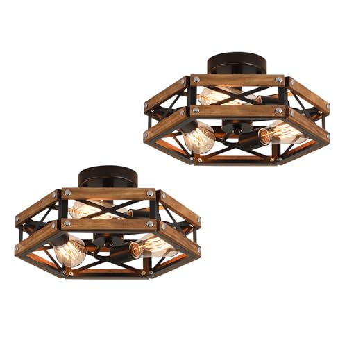 Oak and Black 2 Pack Rustic Farmhouse 3-Light Ceiling Light Fixtures - Wood & Metal Flush Mount for Hallway, Entry, Bedroom, Kitchen