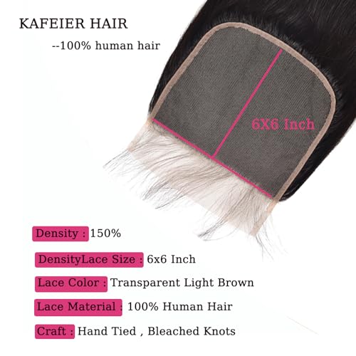 KAFEIER Natural Black 6x6 HD Lace Closure 12 Inch Brazilian Human Hair Straight Wave