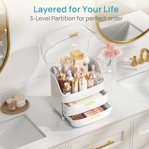 Vtopmart 3-Tier White Makeup & Skincare Organizer with Drawer & Dustproof Lid