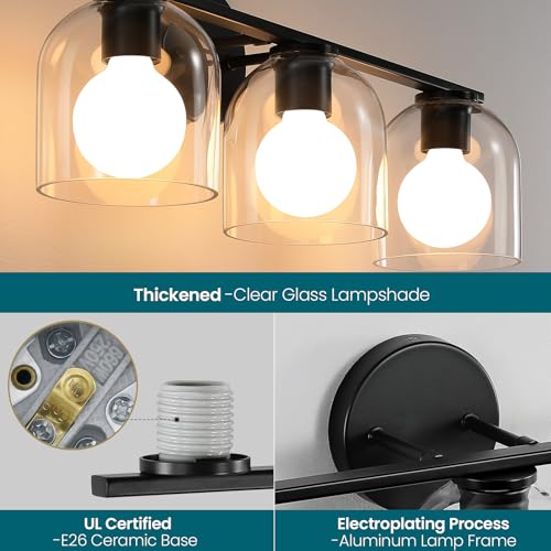 WOSHITU Matte Black Bathroom Vanity Light Fixture - 23.3 Inch 3-Light Over Mirror with Clear Glass Shade