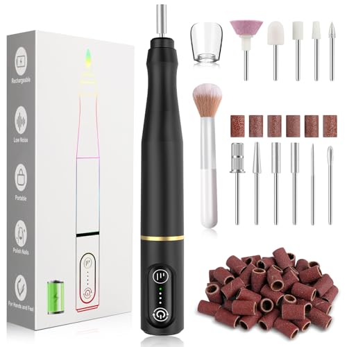 Cordless Nail Drill Electric Rechargeable File Kit, Professional Efile Acrylic Gel Nail Polish Remover Pedicure Manicure Machine Portable Set with 11 Bits 56 Sanding Bands for Salon Black