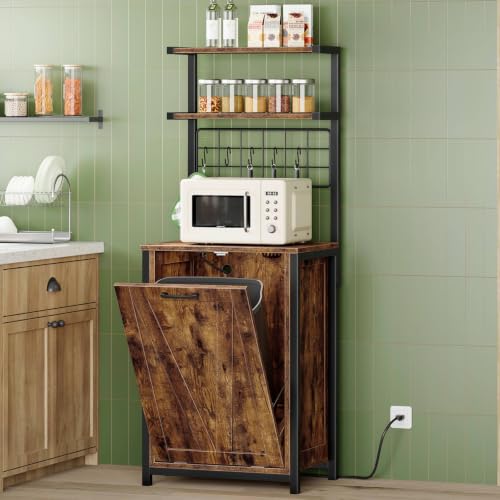 Bakers Rack with Power Outlet and Trash Can Storage - Kitchen & Dining Organizer