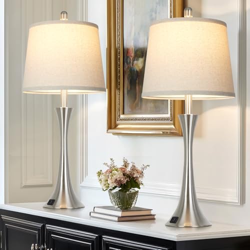 Silver 27.5-Inch Set of 2 Touch Dimmable Bedside Table Lamps with USB-C Ports