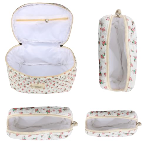 Large Cotton Quilted Makeup Travel Bag with Floral Design - Red Rose, 4-Piece Set - Women's Organizer