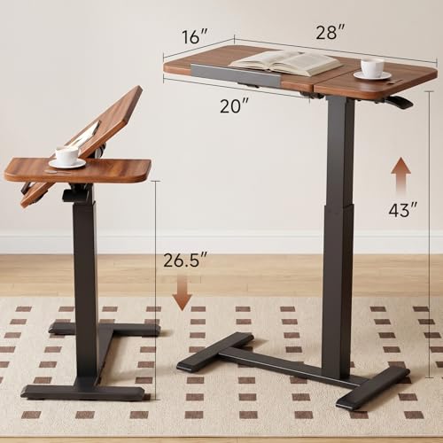 GTPLAYER Walnut Pneumatic Adjustable Standing Desk with Wheels - 28 Inch Tiltable Mobile Laptop Table for Home Office or Bedside