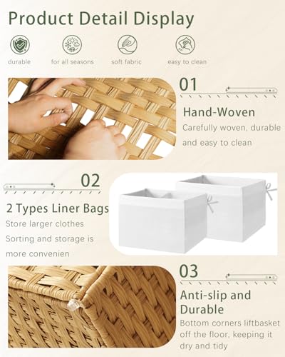 Large PE Rattan Storage Basket with Lid - Natural, 160L Capacity, with Removable Linings