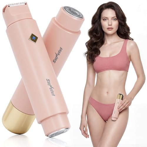 SUNVIVI Bikini Trimmer for Women: IPX6 Waterproof Dual Head Pubic Razor, Painless Face Shaver Body Trimmer, Portable Hair Removal Kit for Bikini Underarm Leg Arm Body Face, Pink