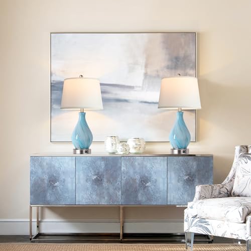 Blue Gray Accent Table Lamp Set of 2 with USB Ports, Dimmable Touch Control, 22-Inch Art Glass Nightstand Lamps
