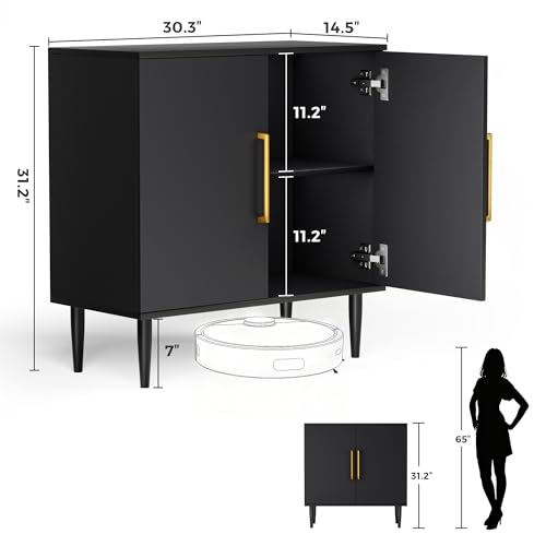 Black Storage Cabinet - Modern Buffet Sideboard with Shelves & Gold Handle