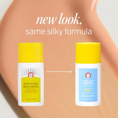 First Aid Beauty - Weightless Liquid Mineral Sunscreen with Zinc Oxide Broad Spectrum SPF 30, Luxuriously Light Ultra Sheer Tint for Everyday Use, Non-comedogenic, Safe for Sensitive Skin, 1.5 oz