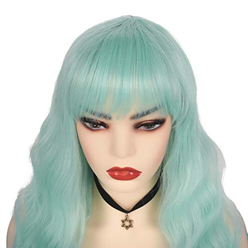 Swiking Mint Green Curly Wigs for Women - Long Wavy Synthetic Cosplay Hair with Bangs