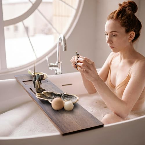 Solid Walnut Bathtub Tray, Bath Tray for Tub 35"x9"x2.5", Bath Tub Tray with 3 Adjustable Feet, Anti-Tipping Luxury Bathroom Accessories for Women/New Home/House Warming