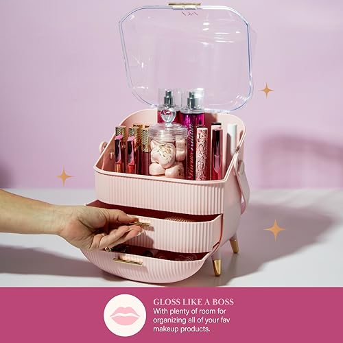 Paris Hilton Makeup Storage Organizer with Lid - Pink, Gold Accents, Portable Cosmetic Box for Vanity & Countertop - Organizer Box