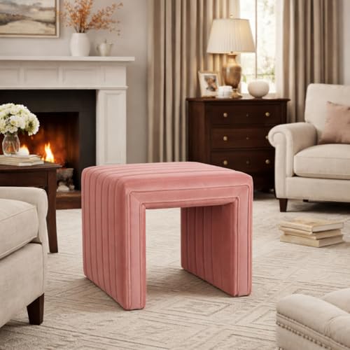 19-Inch Blush Pink Velvet Tufted Ottoman Footstool - Modern Channel Design