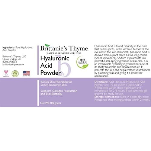 Brittanie's Thyme Pure Hyaluronic Acid Serum Powder, 100 Grams | High Molecular Weight, Cosmetic Grade, 100% Natural, Boosts Skin Hydration for Softer, Smoother Skin