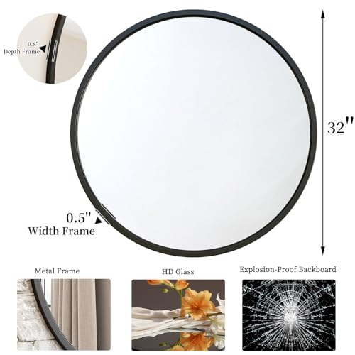 Black 32 Inch Round Mirror - Wall Mount Bathroom Vanity Entryway Living Room