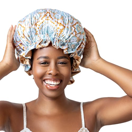 Bounce Curl Reversible Satin Night Cap for Curly Hair - Blue, Adjustable Band