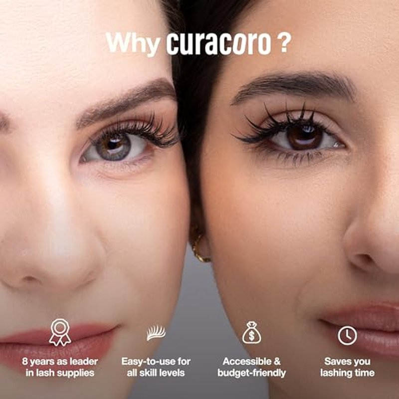 Curacoro Easy Fan Eyelash Extensions 0.03~0.07mm Thickness, C CC D Curl, 9mm-16mm Mixed & Single Length, Super Matte Black Volume Self Fanning Lash Extensions, Professional Supplies for Lash Techs