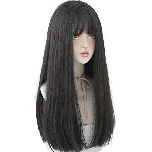 Long Synthetic Hair Wig for Women - 23 Inch Black Brown Straight Cosplay & Party Wig with Bangs - Adjustable Fit