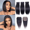 Brazilian Straight Human Hair Bundles with T Part Closure 10 10 10+10 Inches - Virgin Black