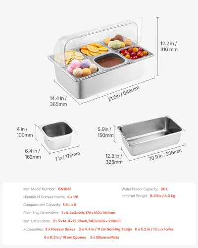 VEVOR 1.6L × 6 Countertop Food Serving Display Container with Clear Lid and Freezer Boxes