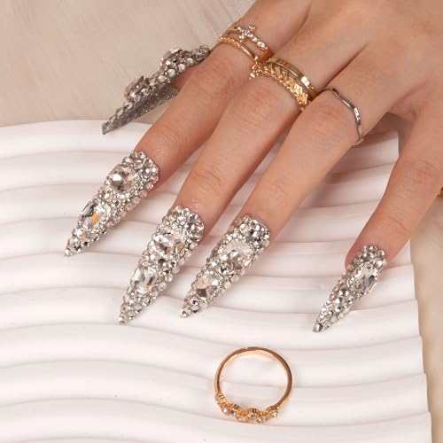 LOVFUL Press on Nails Silver Majesty | Handmade with Full Covered Crystals | Reusable Full Cover Nails | Stiletto Mid Length 1.7 in | H212-S