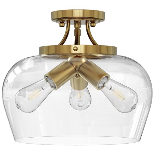 Gold Semi Flush Mount Ceiling Light with Clear Glass Shade - 13.8 Inch Modern Fixture